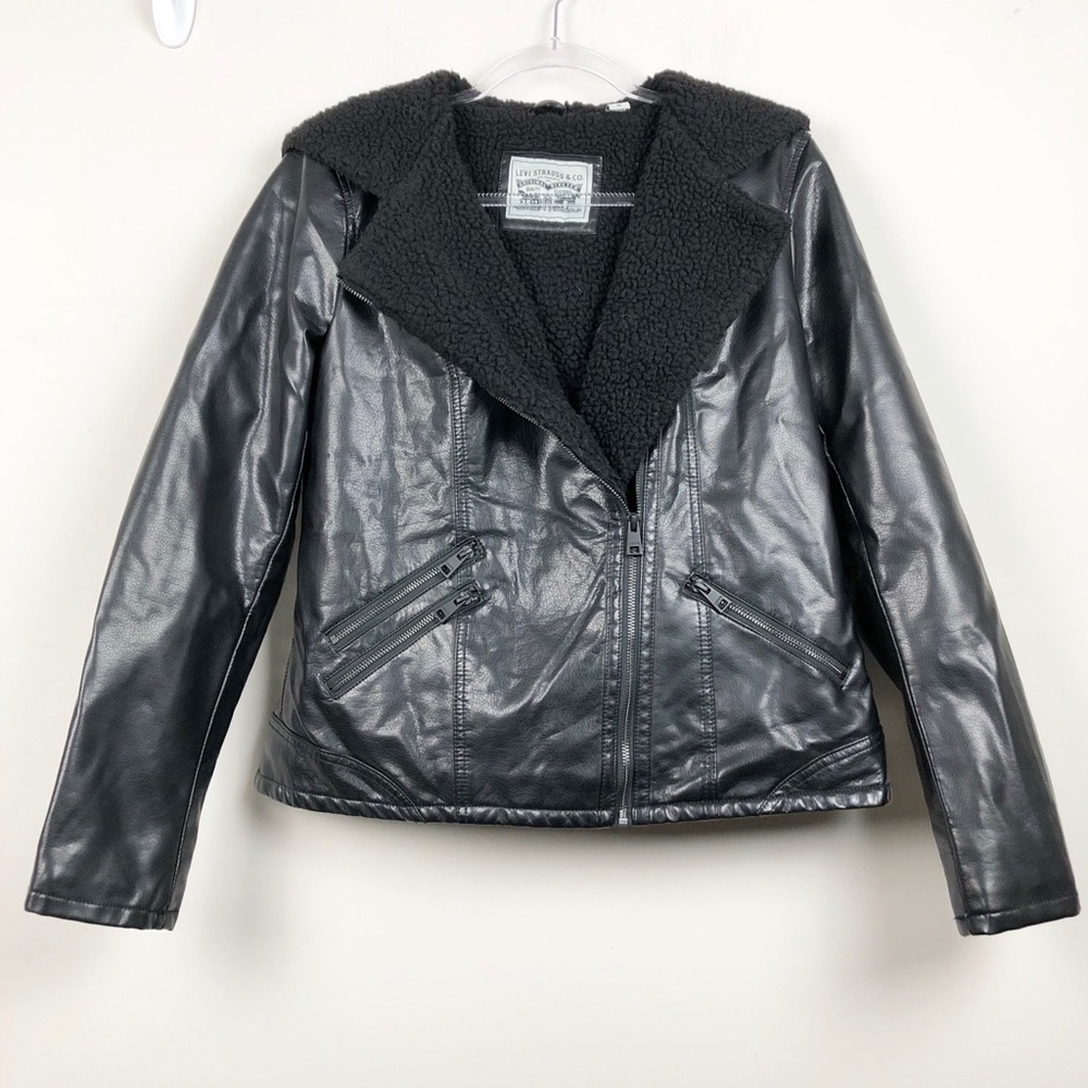 Levis Faux Leather Sherpa Lined Hood Moto Jacket